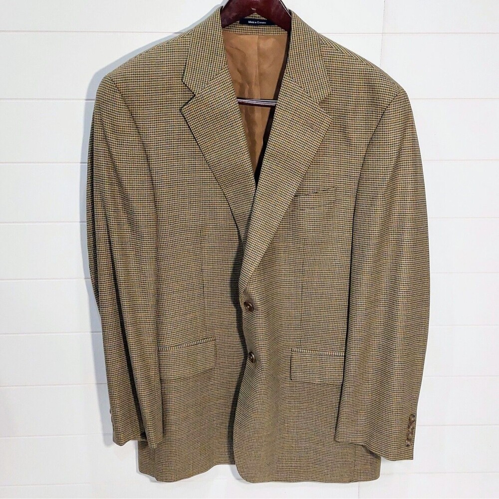Chaps Ralph Lauren Mens Houndstooth Silk Wool Blend Blazer Size 44 Tan Business
